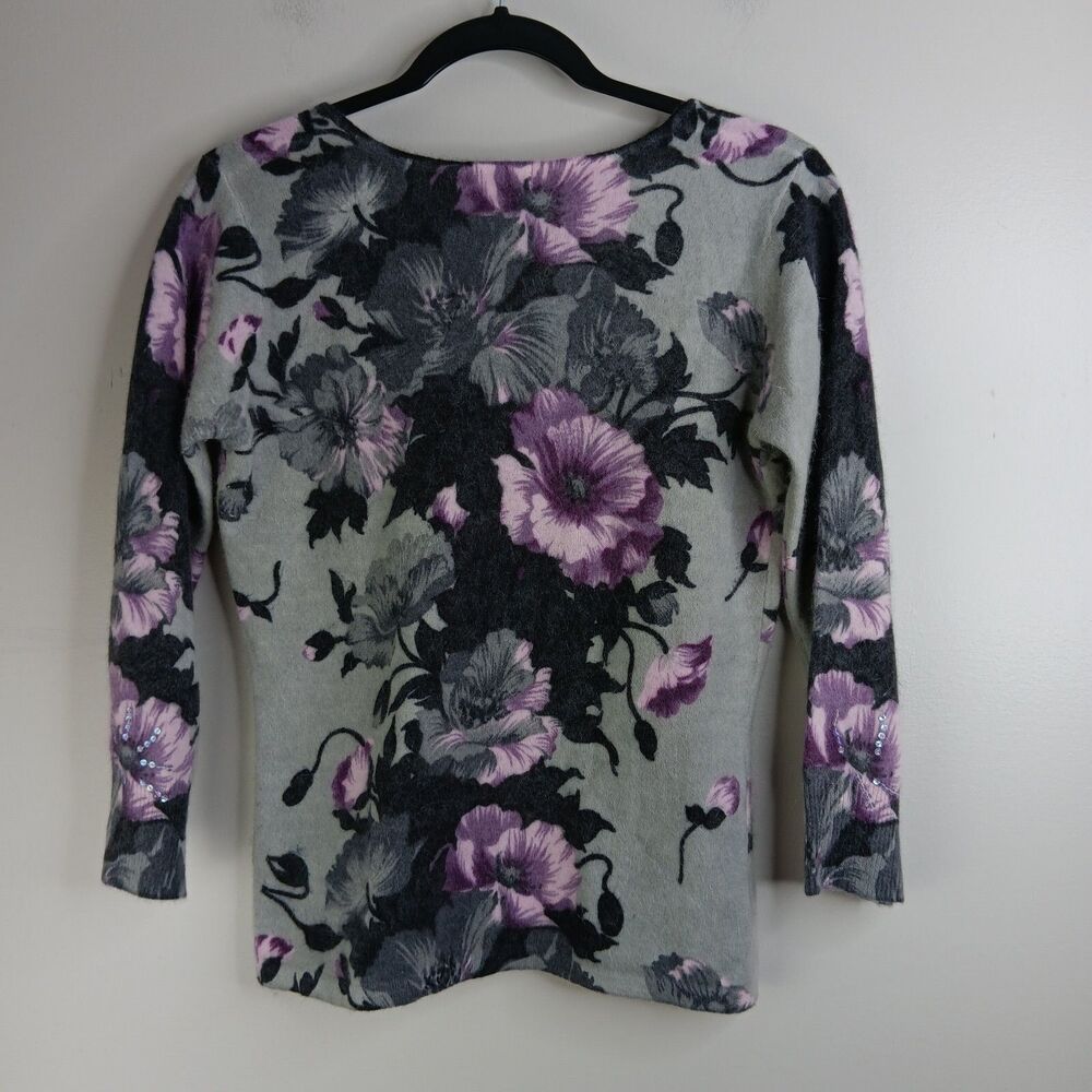 Cache Sweater Women Large Lambswool Angora Floral Gray Soft Classy Sophisticated - Picture 3 of 6
